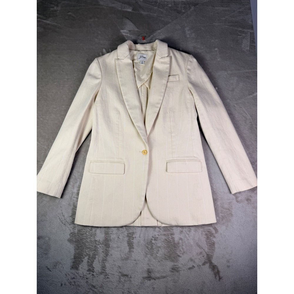 J.Crew Womens Alfie Blazer Size 0 Cotton Blend‎ Jacket Ivory Beige Denim Stripe - Picture 3 of 12